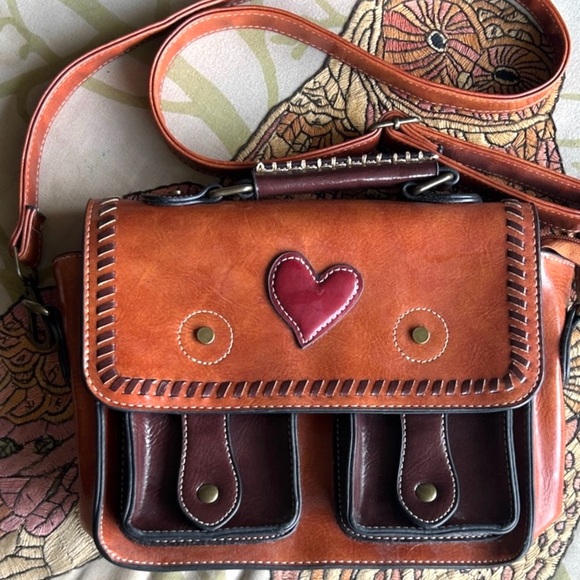 Handbags - Heart Accent Faux Leather Shoulder Bag - Tan, Brown and Red